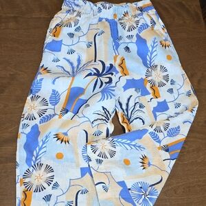 Nicole Miller Linen Pants  Tropical‎ Print Wide Leg Women's Size M Elastic Waist